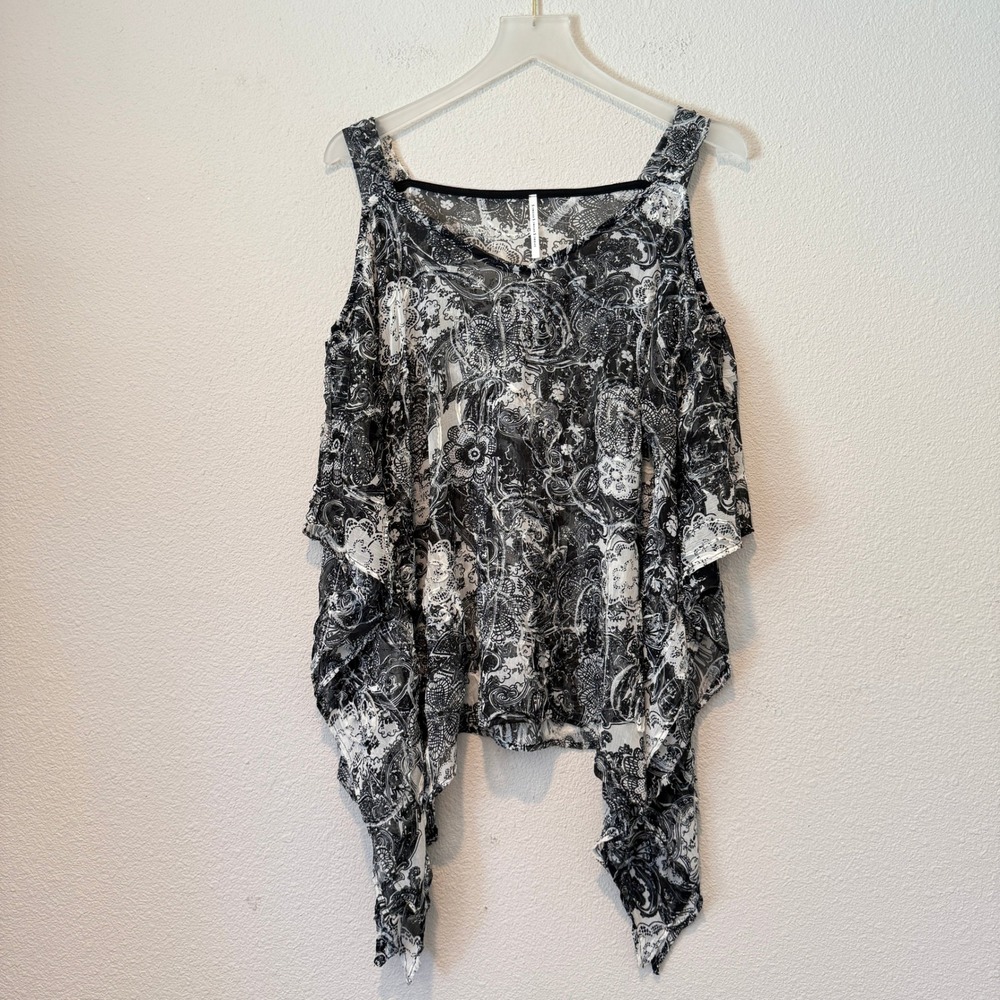 S-Twelve Womens Black White Paisley Chiffon Cold Shoulder Handkerchief Hem Top